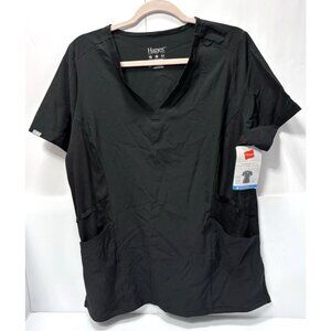 Hanes Scrubs Black V Neck Top Womens Large Comfort Fit Medical Healthcare Shirt